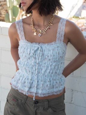 Lace-Trim Floral Smocked Cami Top - Light Blue